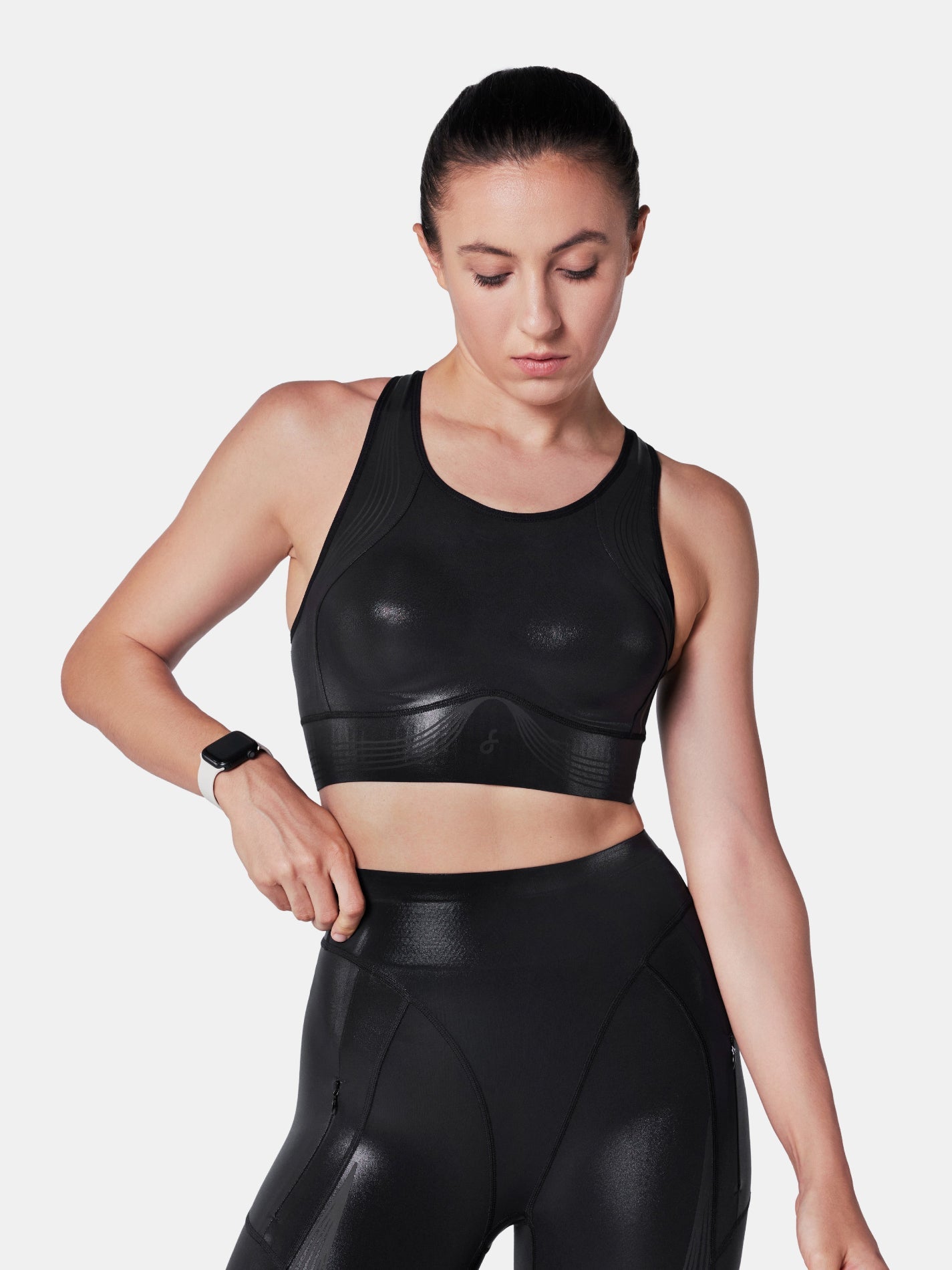 Body Sculpt Glossy Leather Sports Bra | Mova Studio